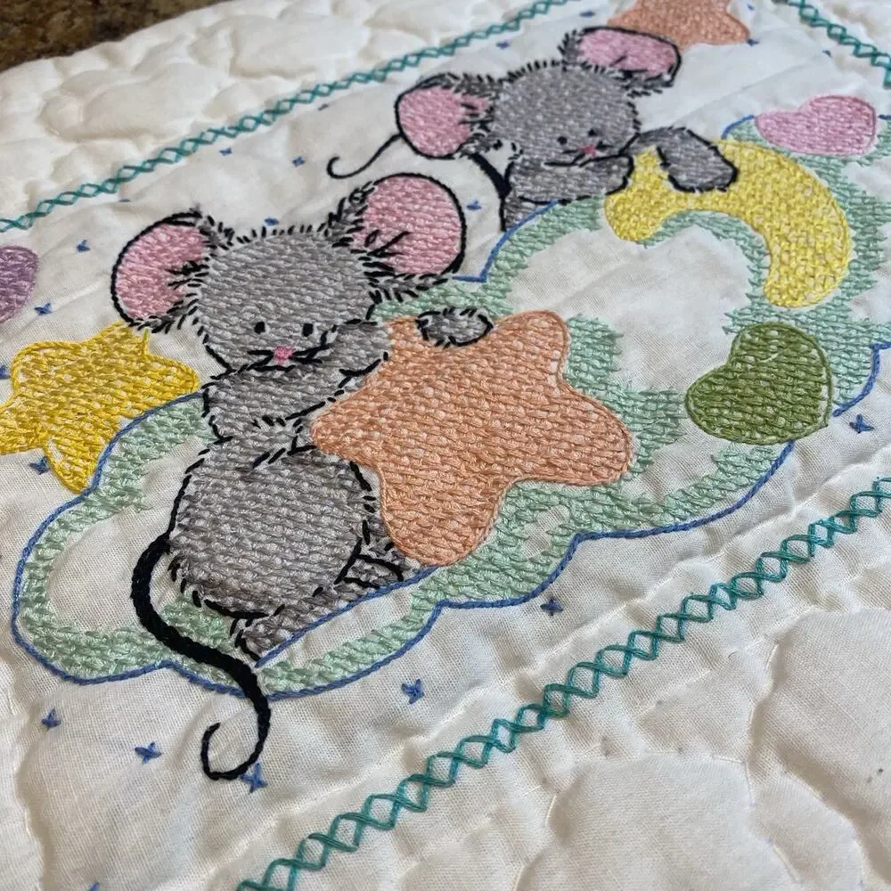 Vintage 1970s Crib Baby Coverlet Embroidery Needlepoint Novelty Quilted Blanket